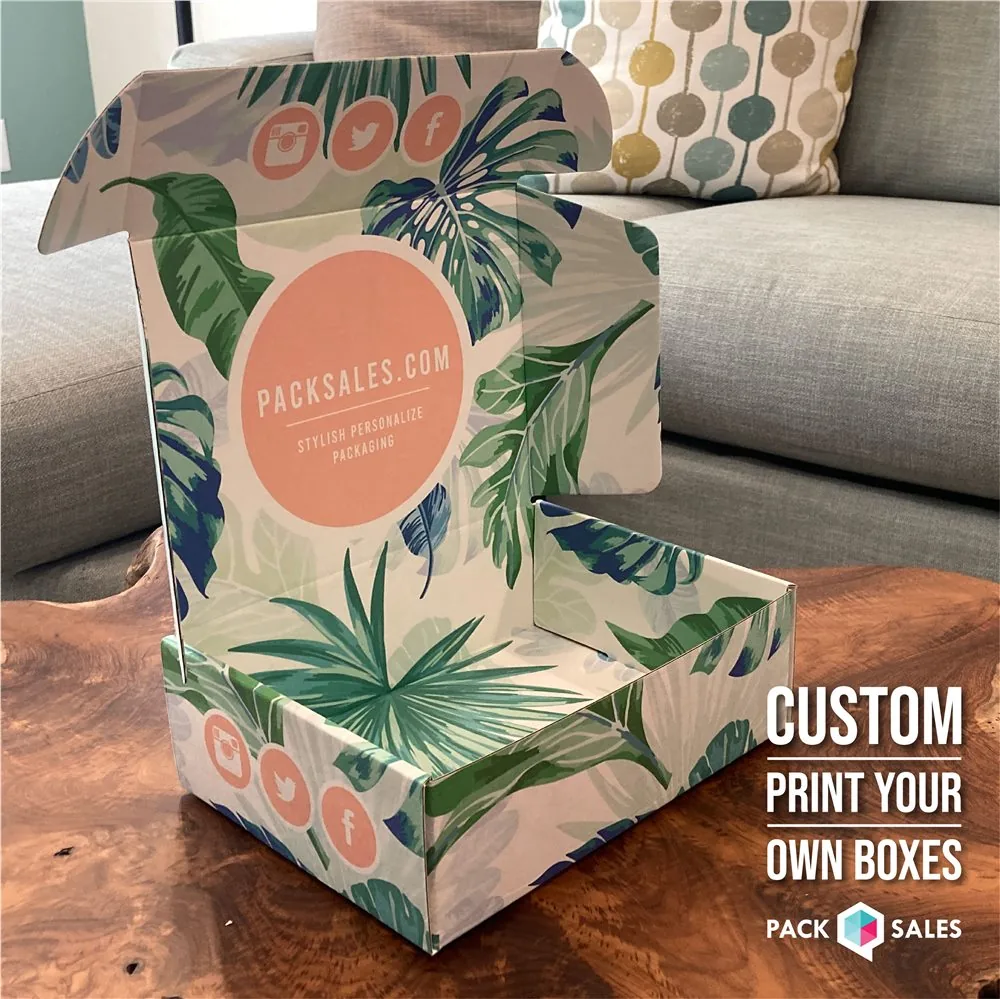 Open botanical mailer box printed inside and outside
