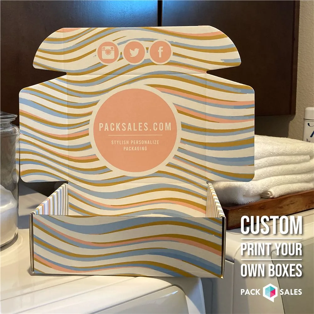 Open mailer box with softly colored wavy stripes