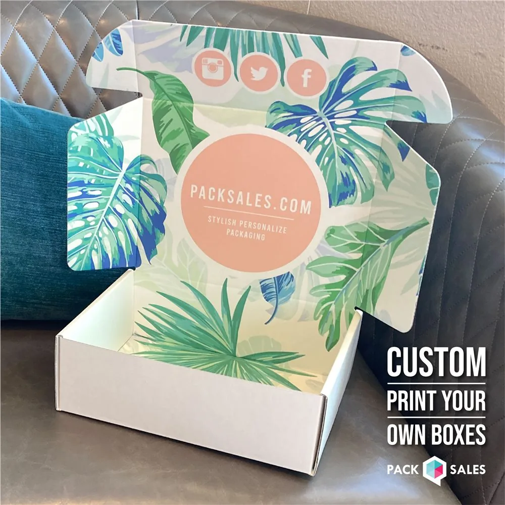 White mailer box with a botanical printed interior