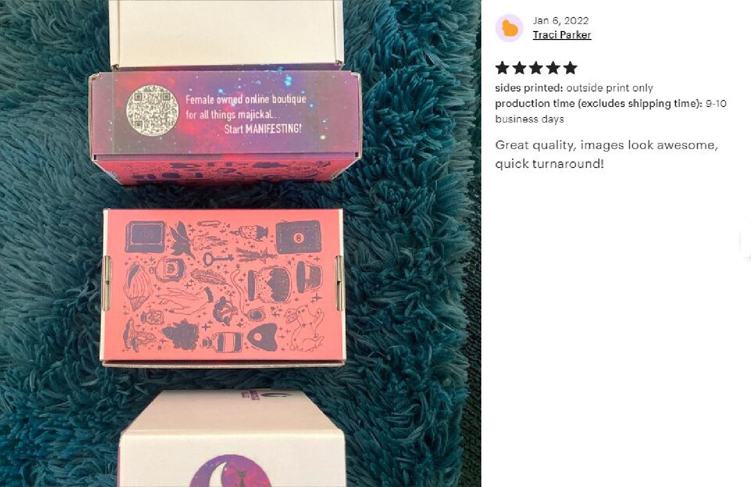 Pink mailer with branded affirmation deck and rounded white sticker label