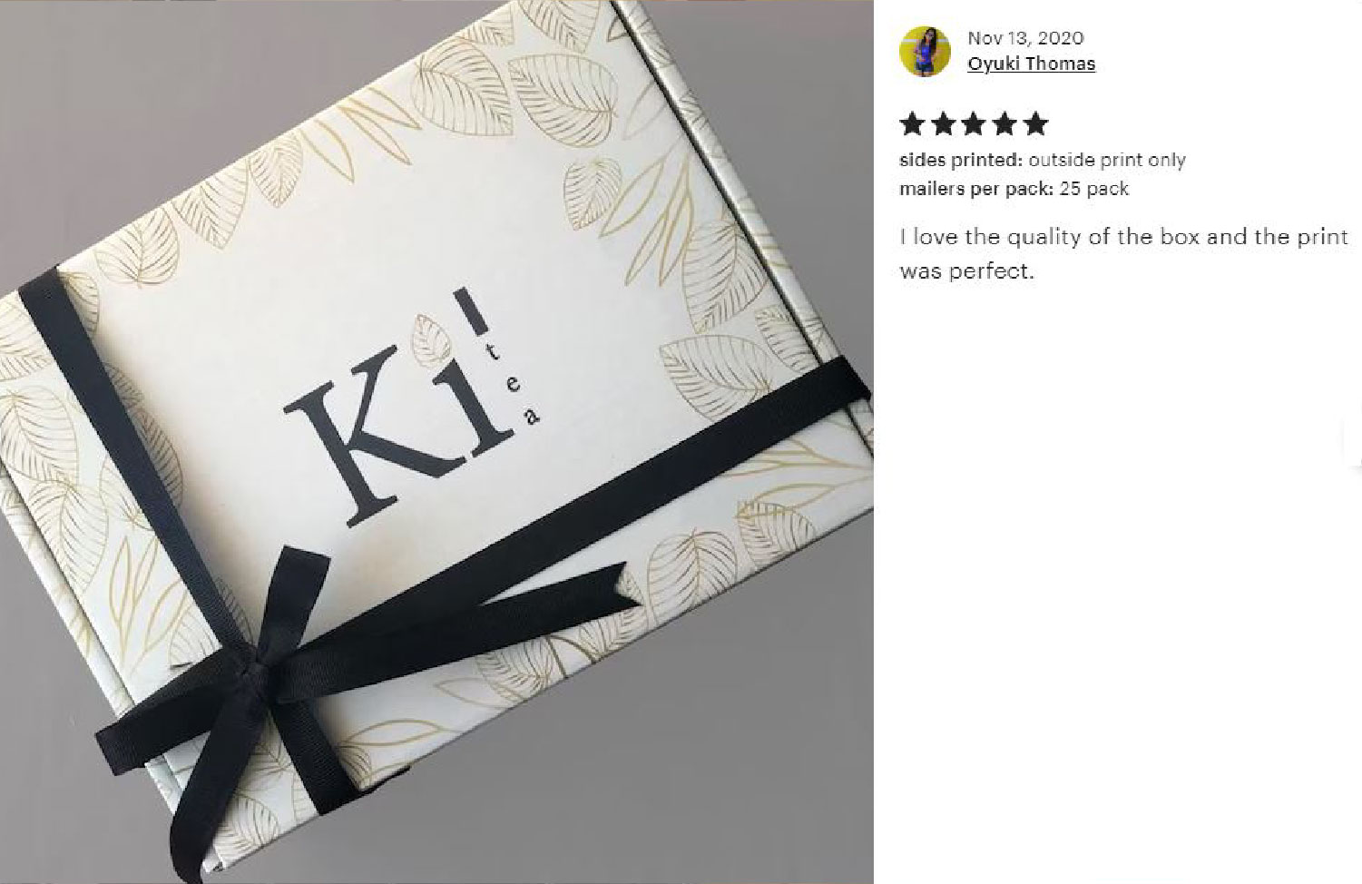 Ki! branded packaging with ribbon and high-end foil print