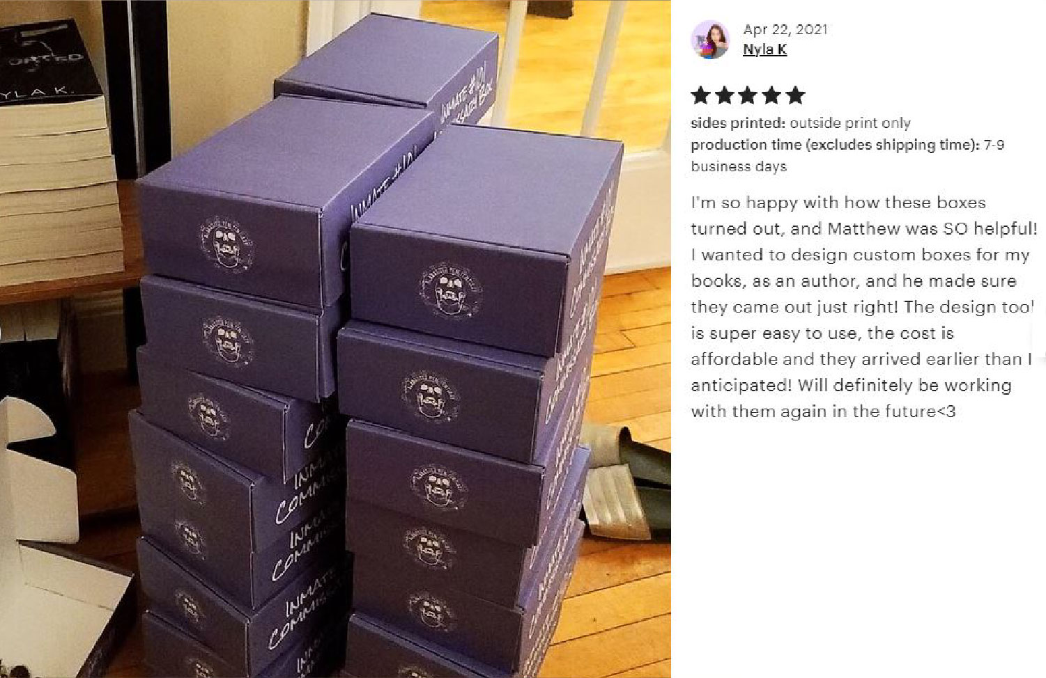 Stacked purple boxes with gold leaf logo for beauty or wellness brand