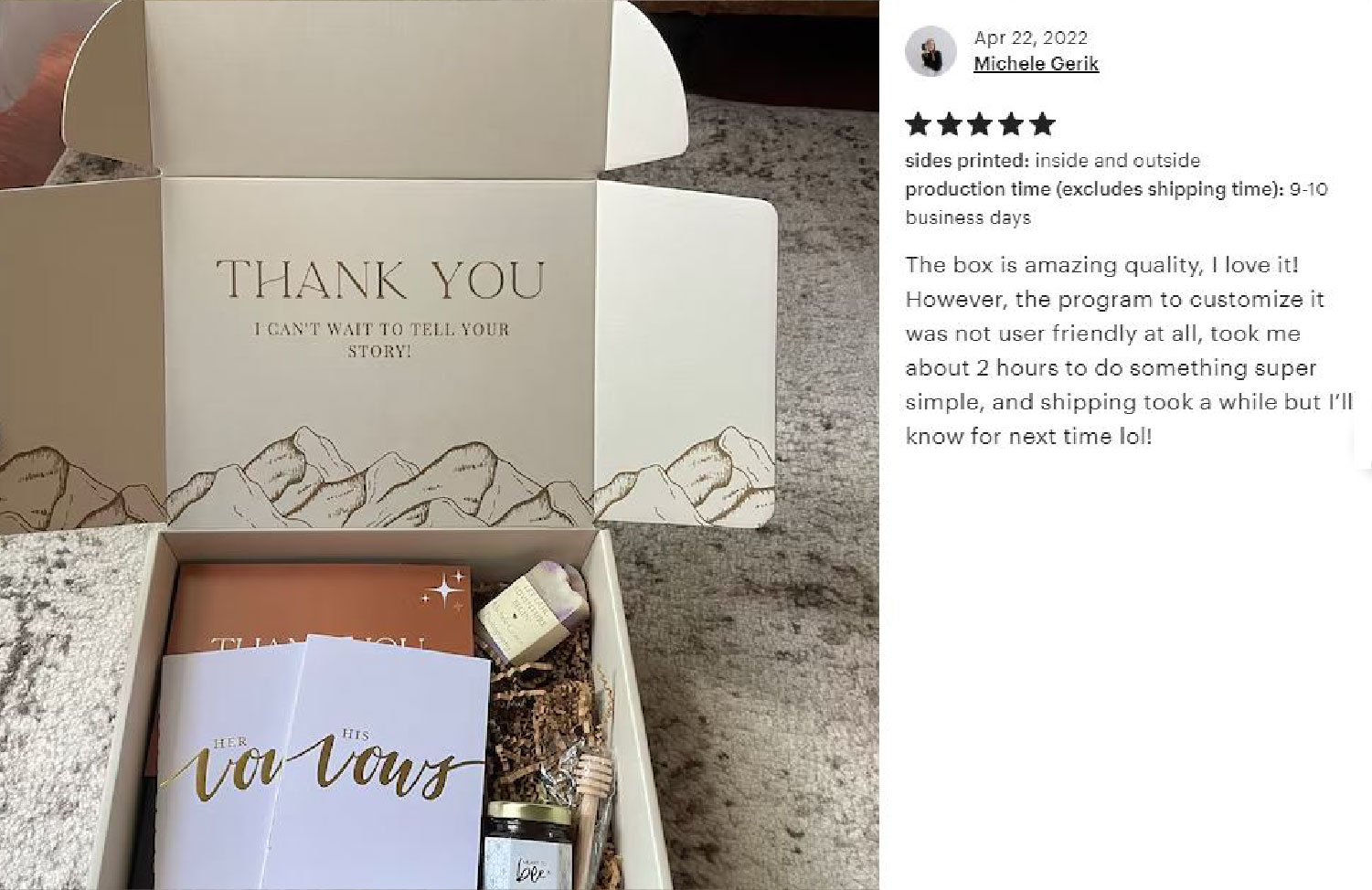 White box with purple print reading 'Thank You' and ribbon detail