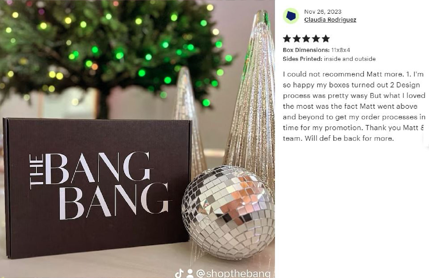 White printed box next to sheer holiday ornament bag and trees