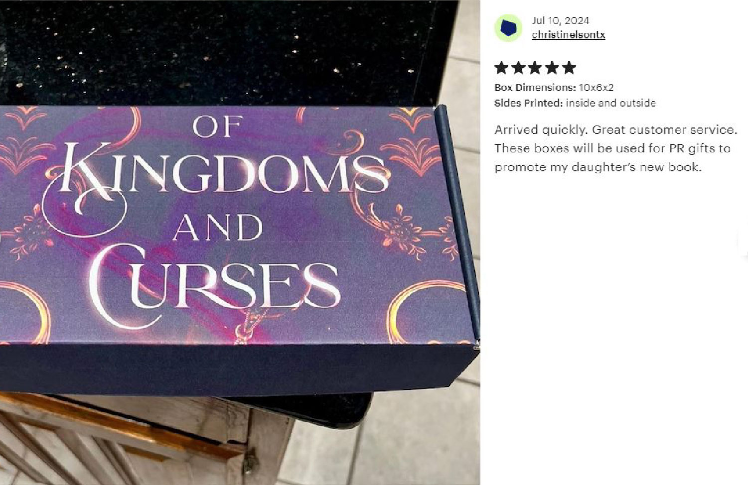 Purple mailer with fantasy branding and book-themed packaging