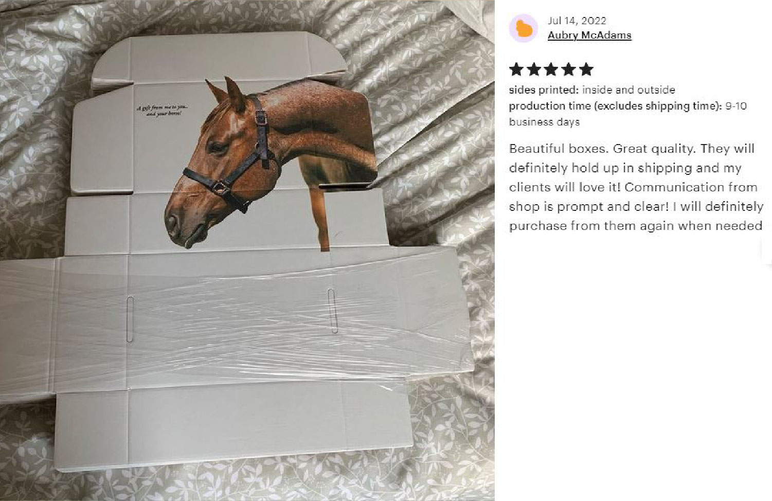 Custom mailer showing horse atop white box base