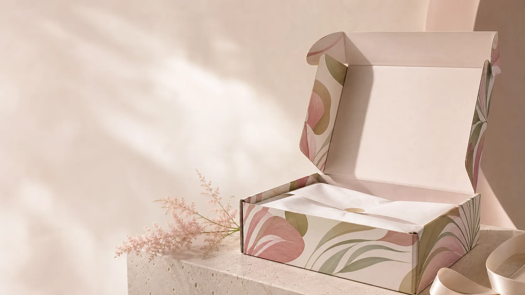 Blush botanical custom mailer box in a softly lit studio