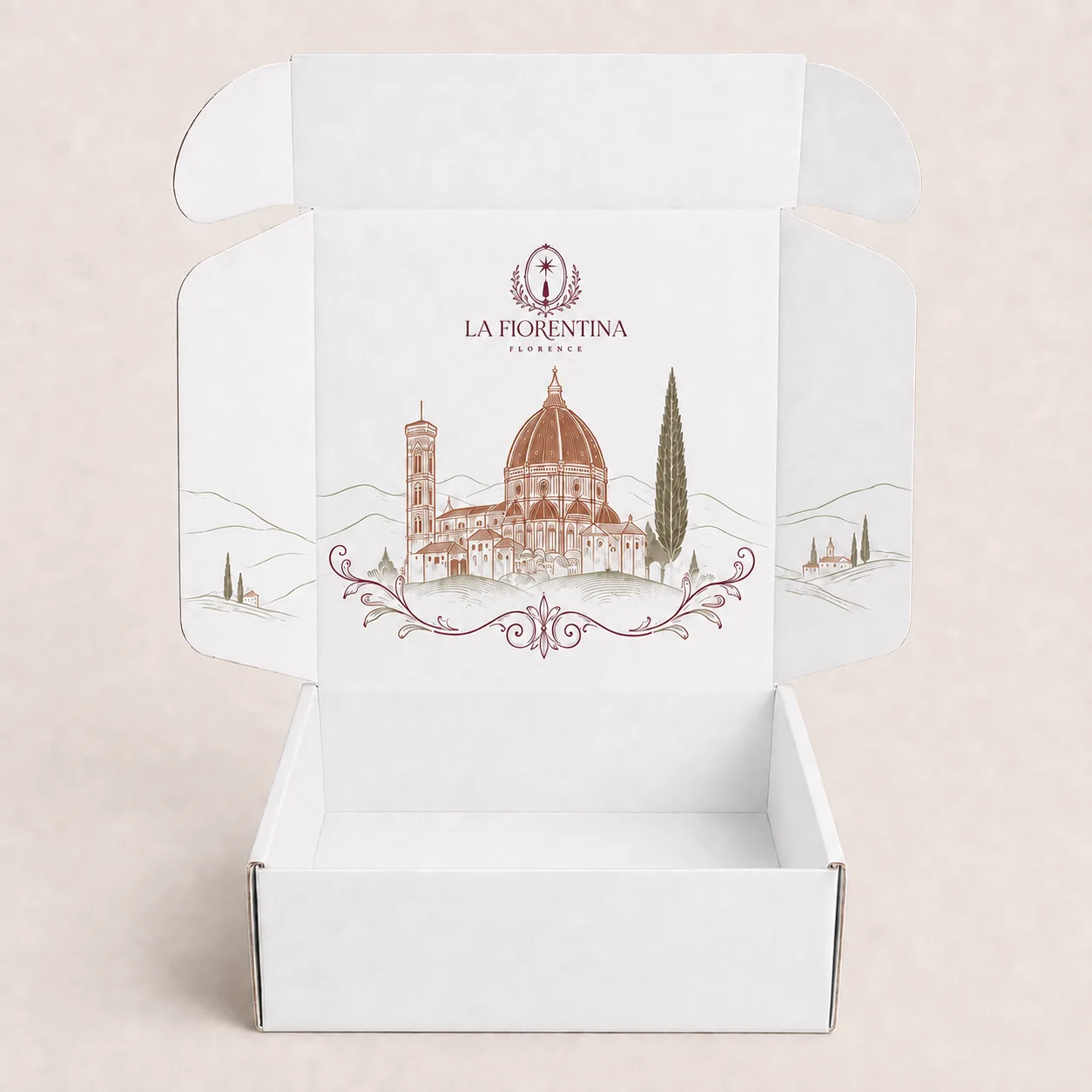 Open white custom mailer box with elegant Florence-inspired artwork