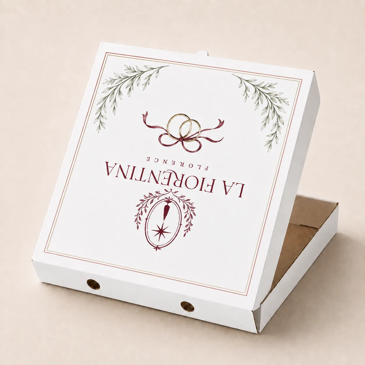 White custom pizza box with elegant botanical and Florence-inspired artwork