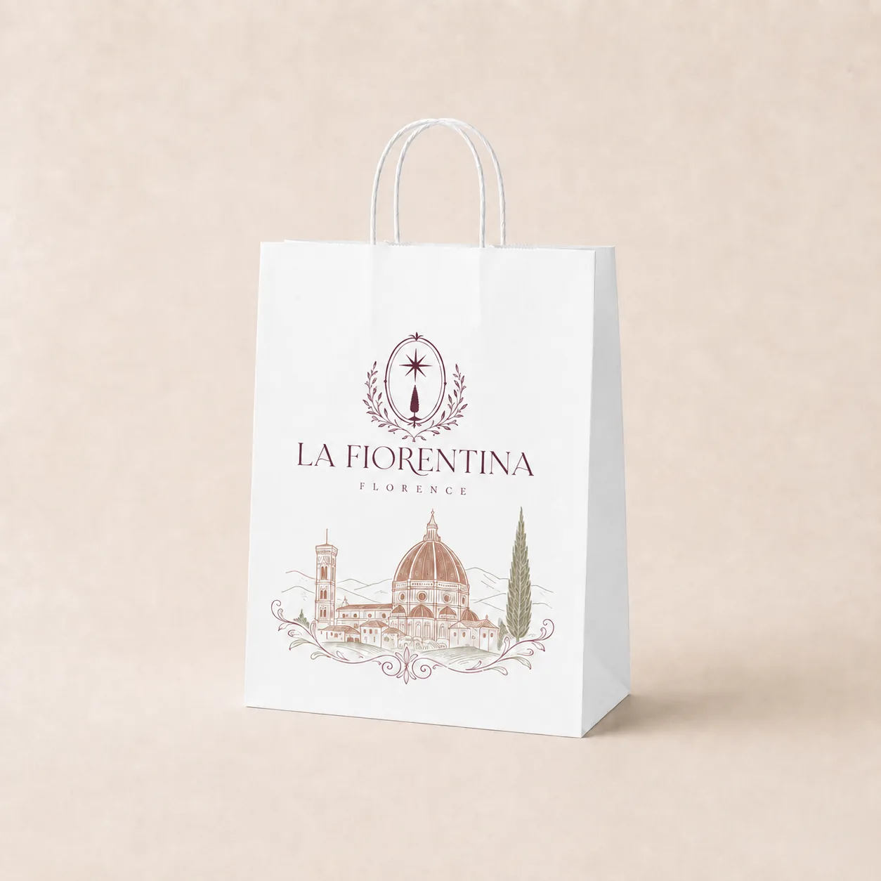 White custom shopping bag with elegant Florence-inspired artwork
