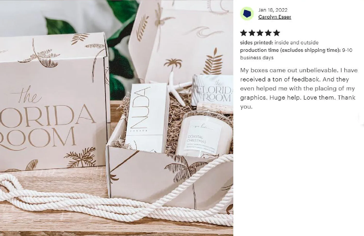 Coastal-inspired custom packaging photographed by customer Carolyn