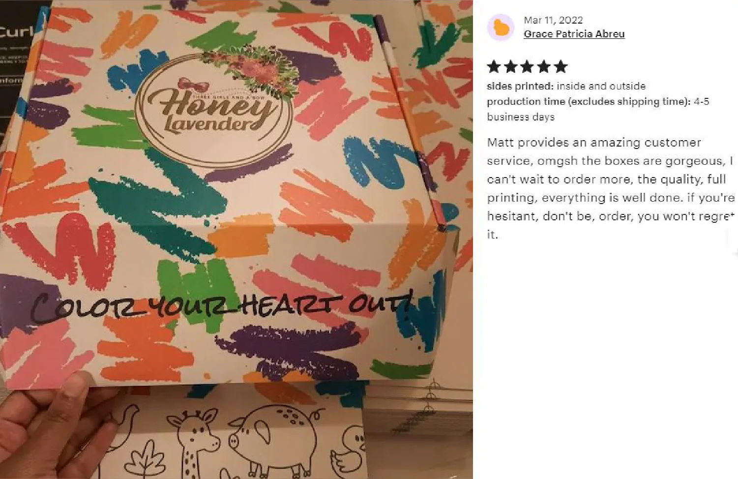 Custom packaging photographed by customer Grace