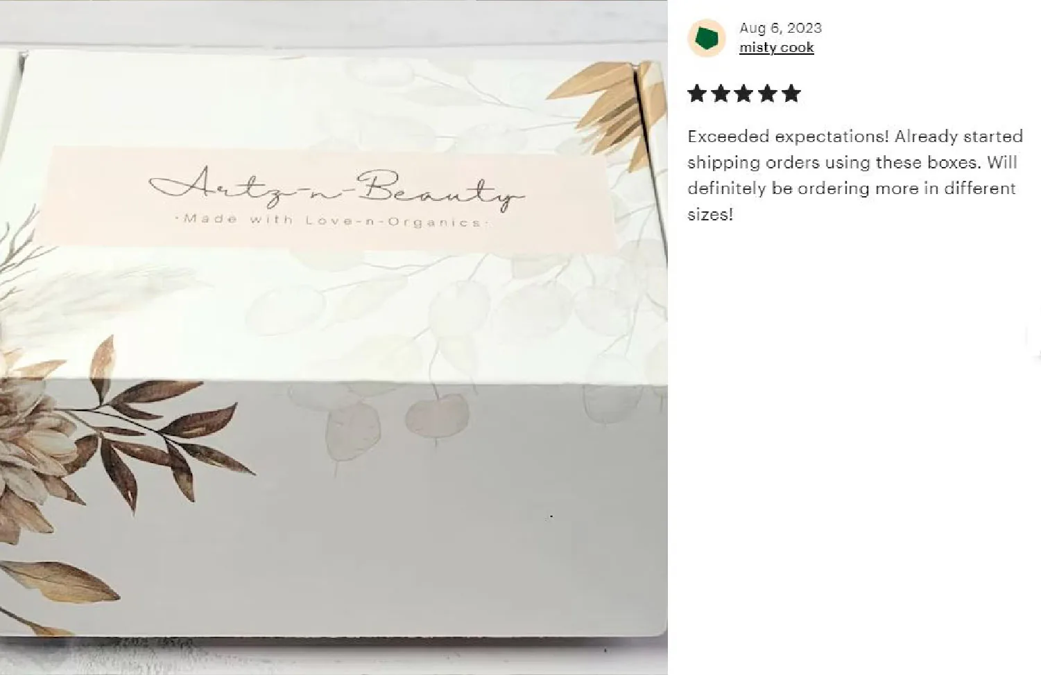 Soft botanical shipping box photographed by customer Misty